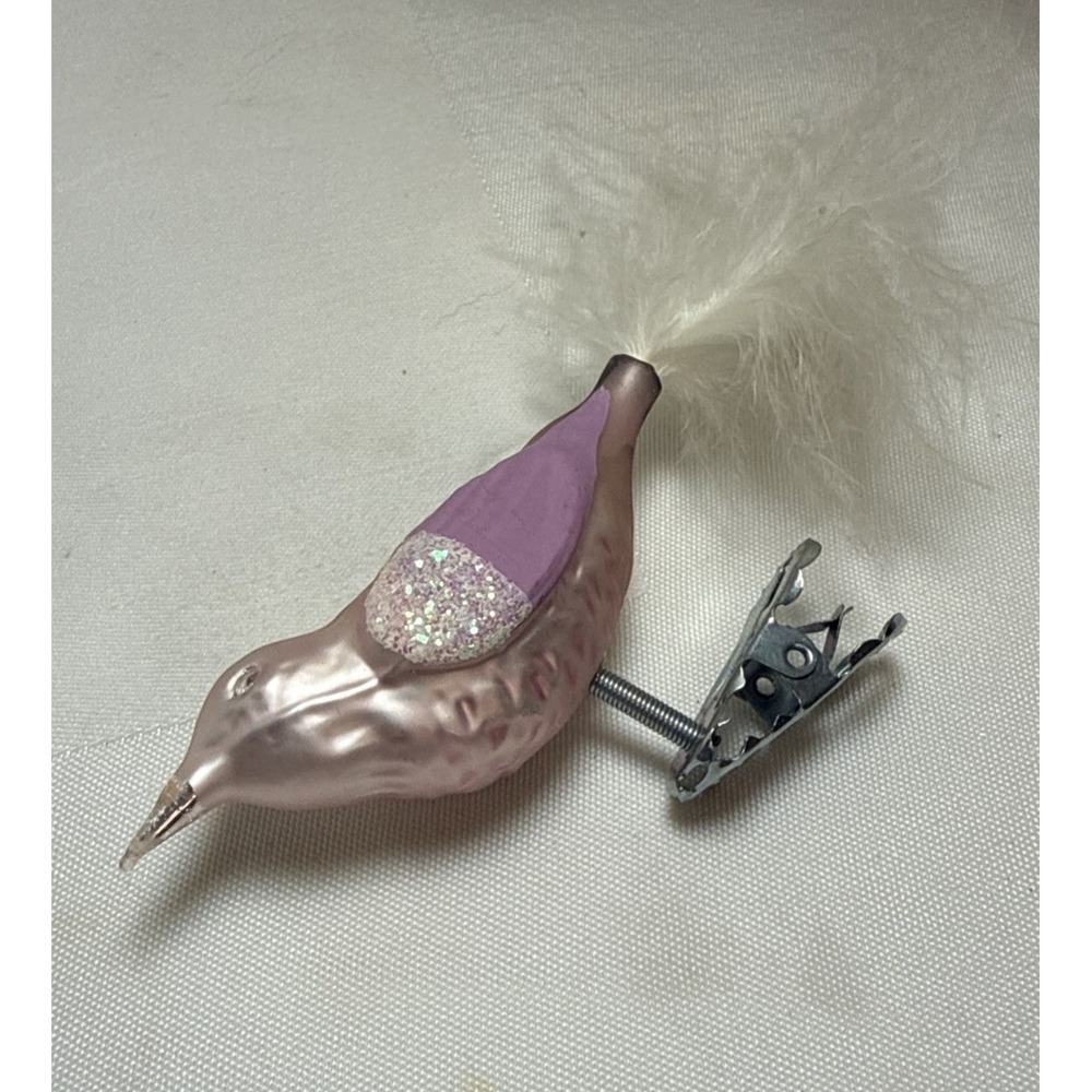 Vintage Mercury Glass Blown Clip On Bird Christmas Tree Ornament Pink Sparkle